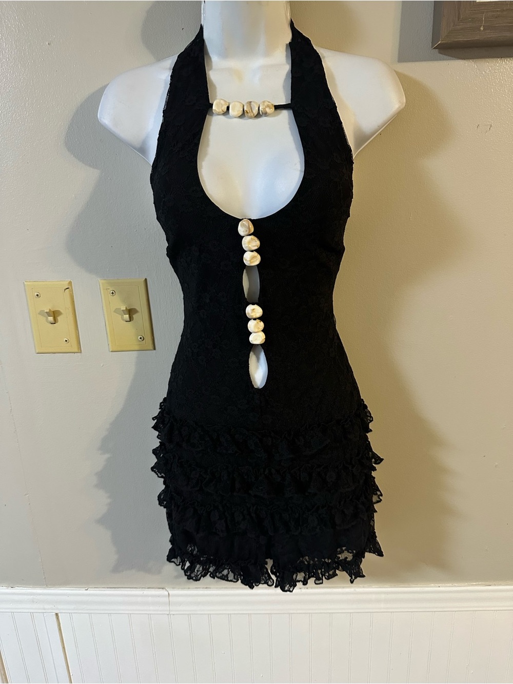 Black Lace Halter Romper with Shell Accent